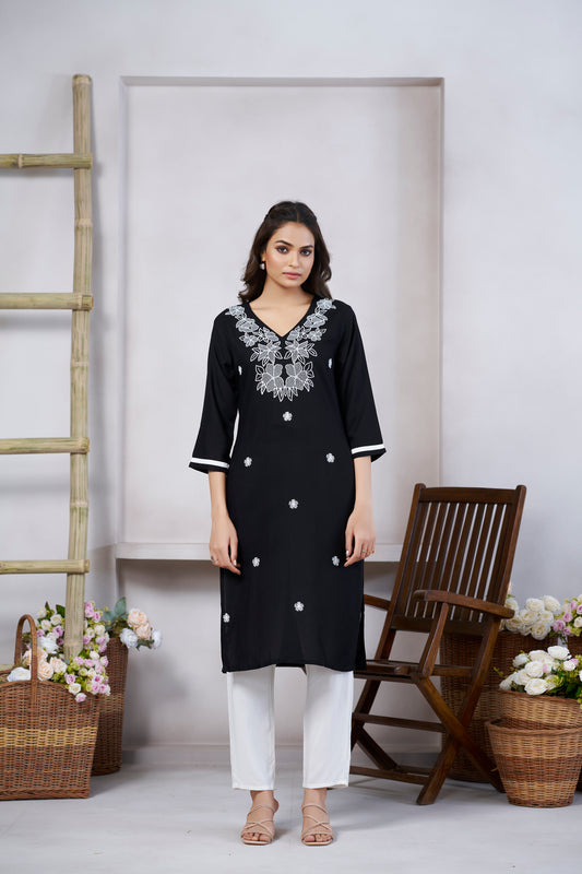 Black Floral Embroidered V Neck Straight Kurti