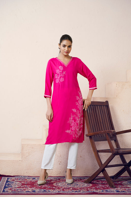 Pink Floral Embroidered V Neck Straight Kurti