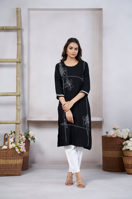 Black Floral Printed Round shape Neck Straight Kurti