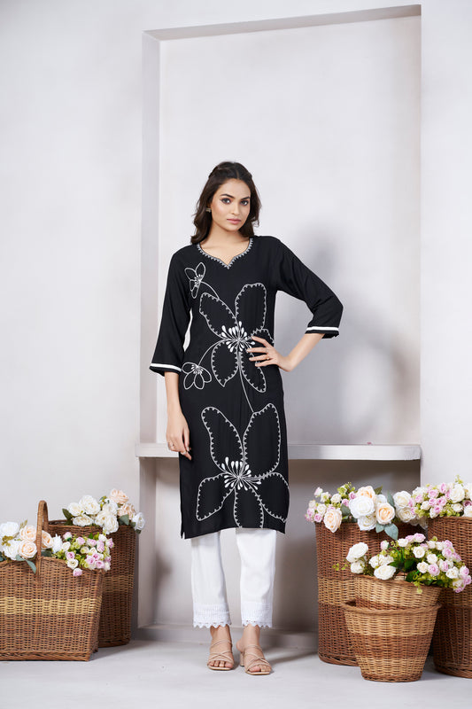 Black Embroidered V Neck Straight Kurti