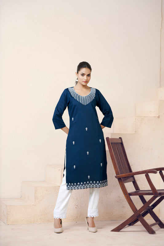 Blue Embroidered U Neck Straight Kurti