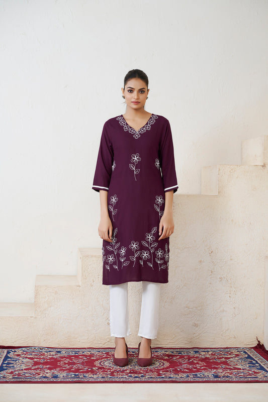 Wine Floral Printed V shape Neck Straight Kurti