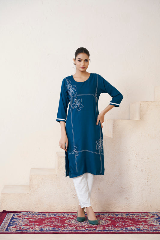 Rama Floral Printed Round shape Neck Straight Kurti