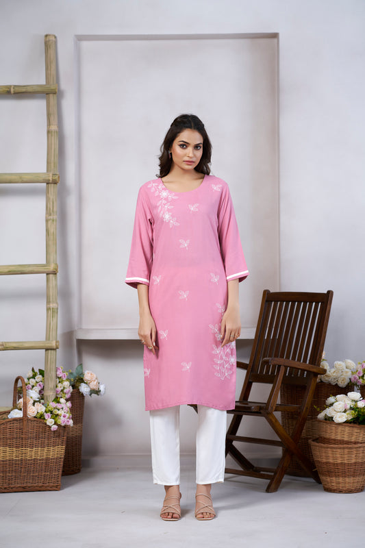 Light Pink Floral Embroidered Round Neck Straight Kurti