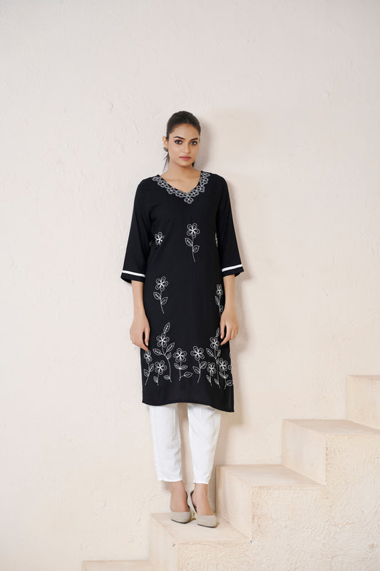 Black Floral Printed V shape Neck Straight Kurti