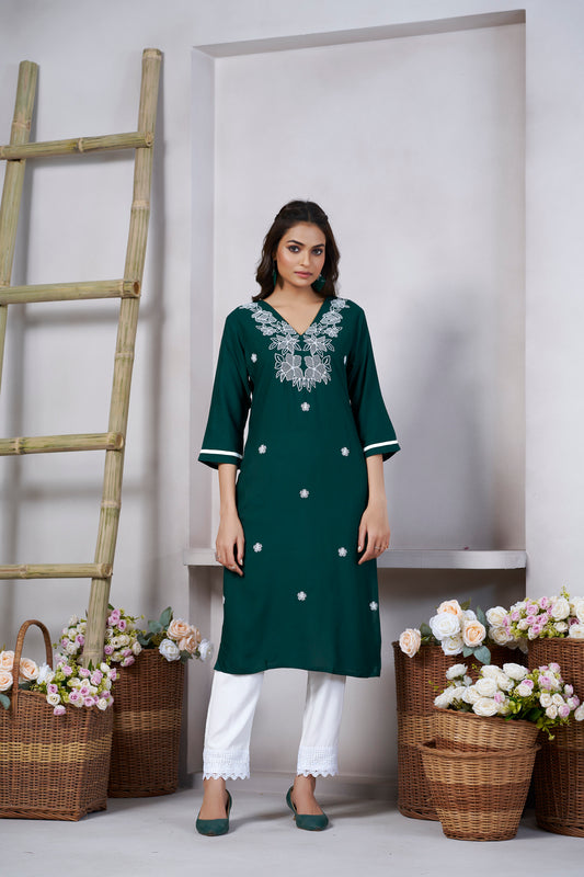 Dark Green Floral Embroidered V Neck Straight Kurti