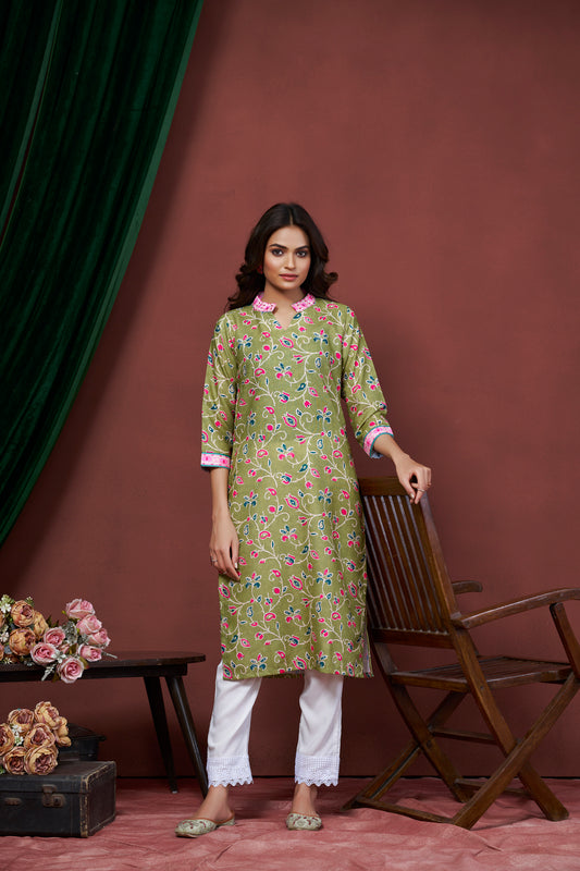 Green Color Floral Printed V-neck Straight Kurti