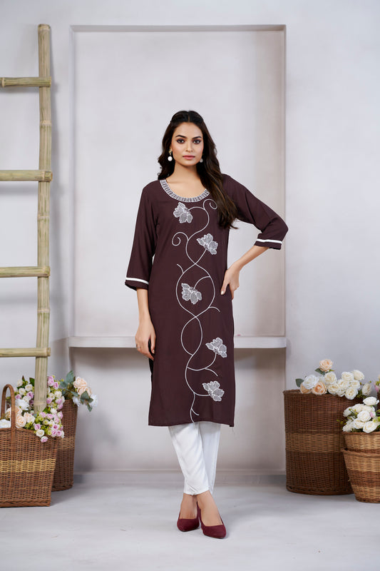 Brown Embroidered U Neck Straight Kurti