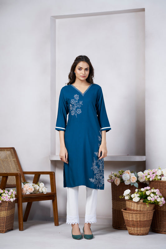 Rama Floral Embroidered V Neck Straight Kurti