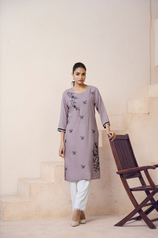 Grey Floral Embroidered Round Neck Straight Kurti