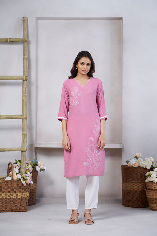 Light Pink Floral Embroidered V Neck Straight Kurti