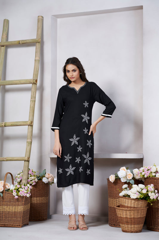 Black Floral Printed Round Neck Straight Kurti