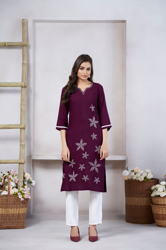 Wine Floral Printed Round Neck Straight Kurti