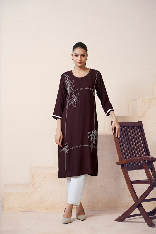 Brown Floral Printed Round shape Neck Straight Kurti