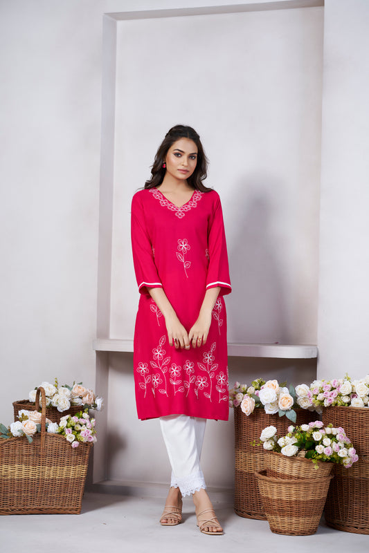 Pink Floral Printed V shape Neck Straight Kurti