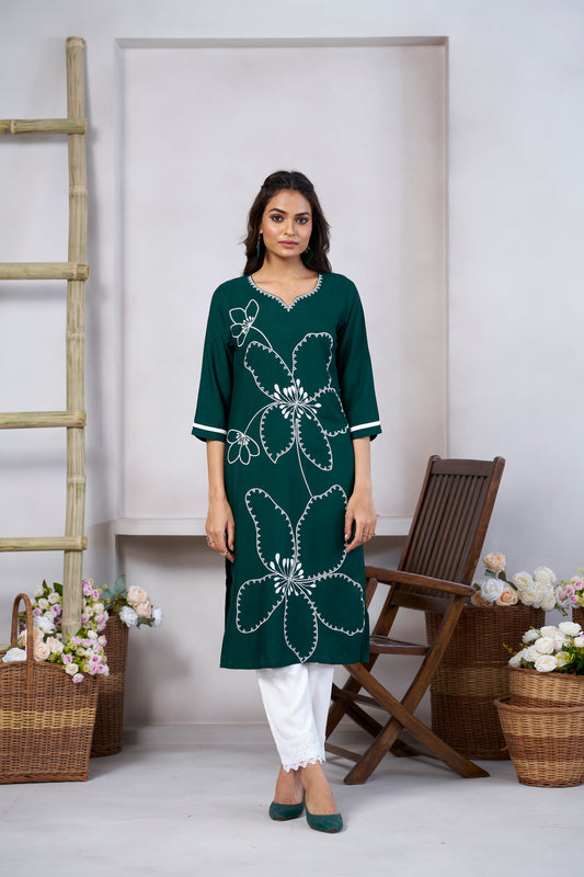 Green Embroidered V Neck Straight Kurti