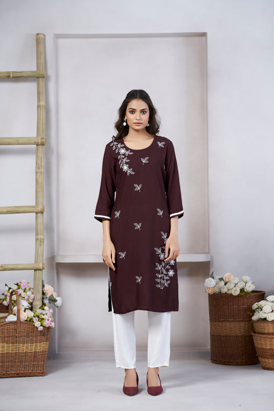 Brown Floral Embroidered Round Neck Straight Kurti