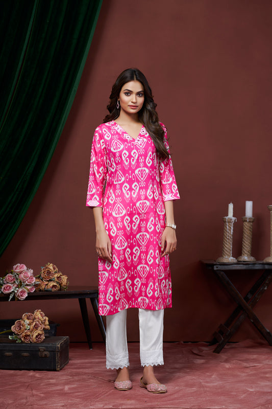 Elegant Pink Printed V-Neck Cotton Straight Kurti