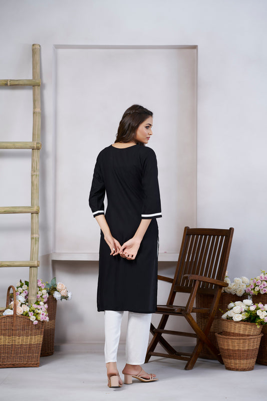 Black Floral Embroidered V Neck Straight Kurti