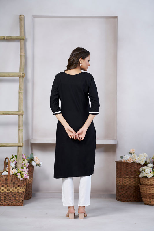 Black Floral Printed Round shape Neck Straight Kurti