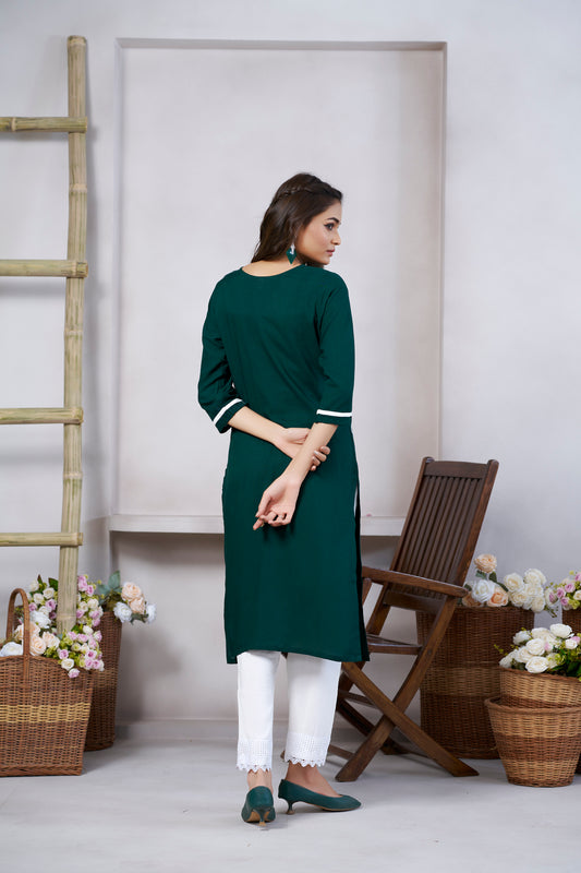 Green Embroidered V Neck Straight Kurti