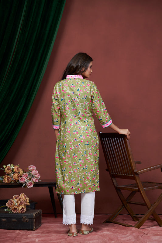 Green Color Floral Printed V-neck Straight Kurti