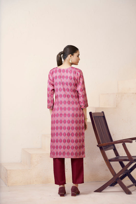 Pink Color Buti Printed U neck Straight Kurti