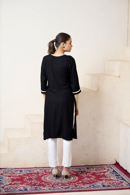 Black Floral Printed V shape Neck Straight Kurti