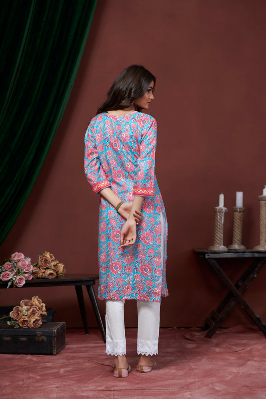 Turquoise Blue Floral Printed U neck Straight Kurti