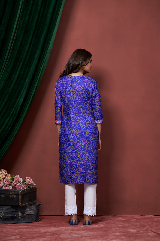 Violet Color Floral Printed U-Neck Straight Kurti