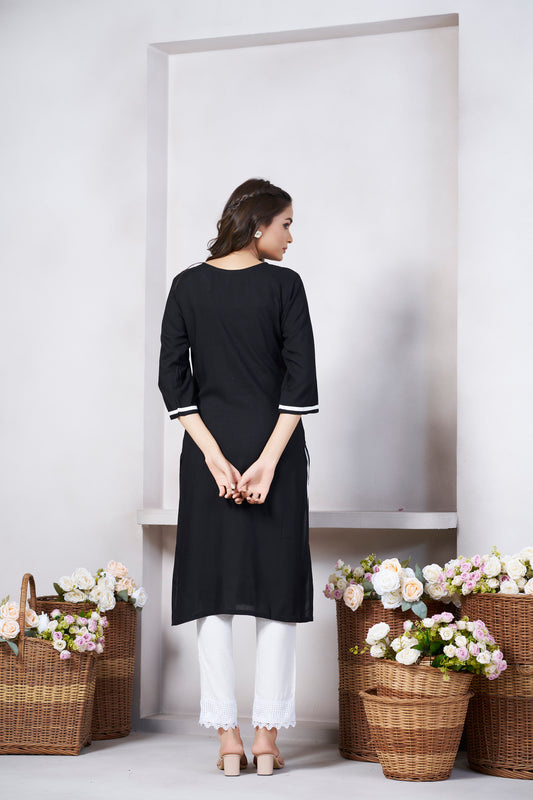 Black Embroidered V Neck Straight Kurti