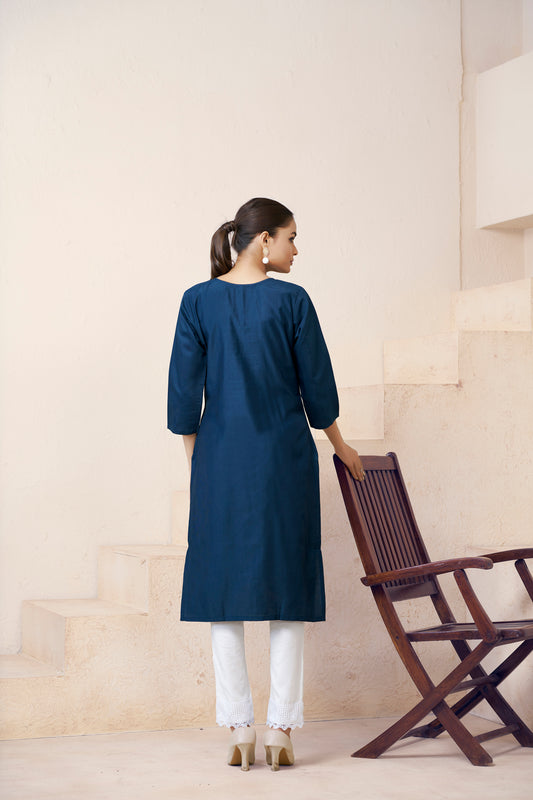 Blue Embroidered U Neck Straight Kurti