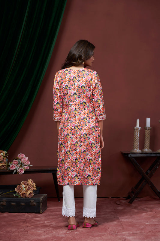 Peach Ethnic Motif Print Round Neck Straight Kurti