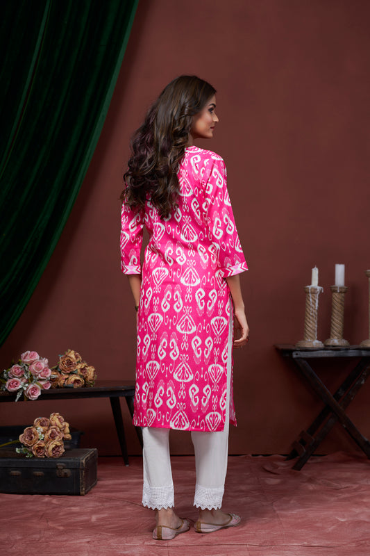 Elegant Pink Printed V-Neck Cotton Straight Kurti