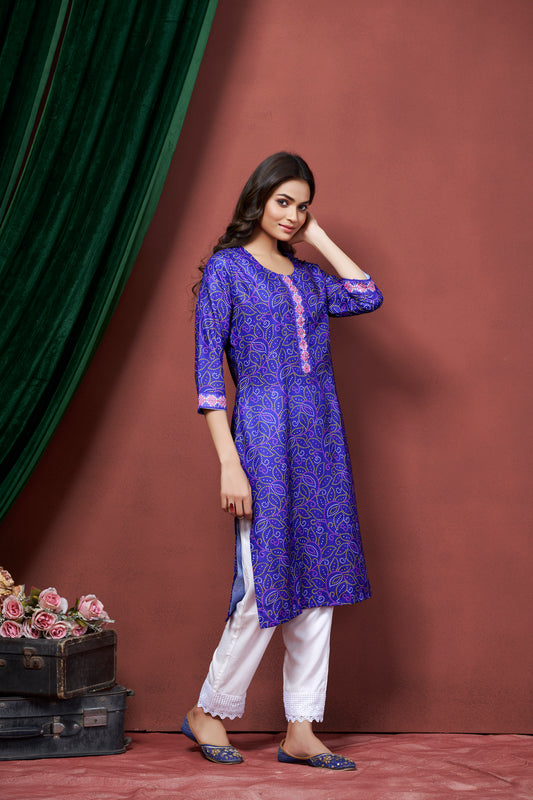 Violet Color Floral Printed U-Neck Straight Kurti