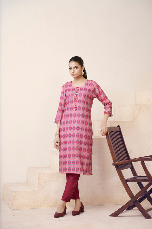 Pink Color Buti Printed U neck Straight Kurti