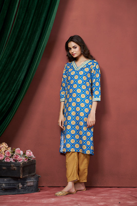 Blue Color Printed V-neck Cotton Straight Kurti