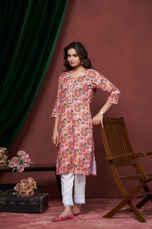 Peach Ethnic Motif Print Round Neck Straight Kurti