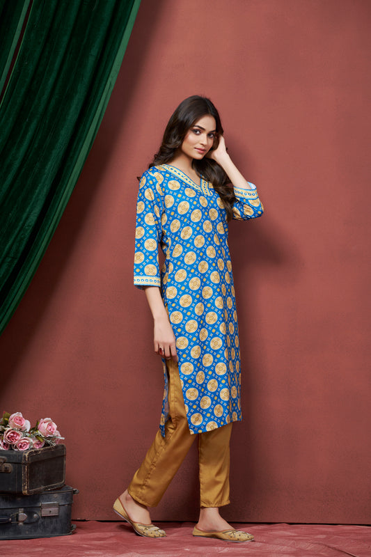 Blue Color Printed V-neck Cotton Straight Kurti