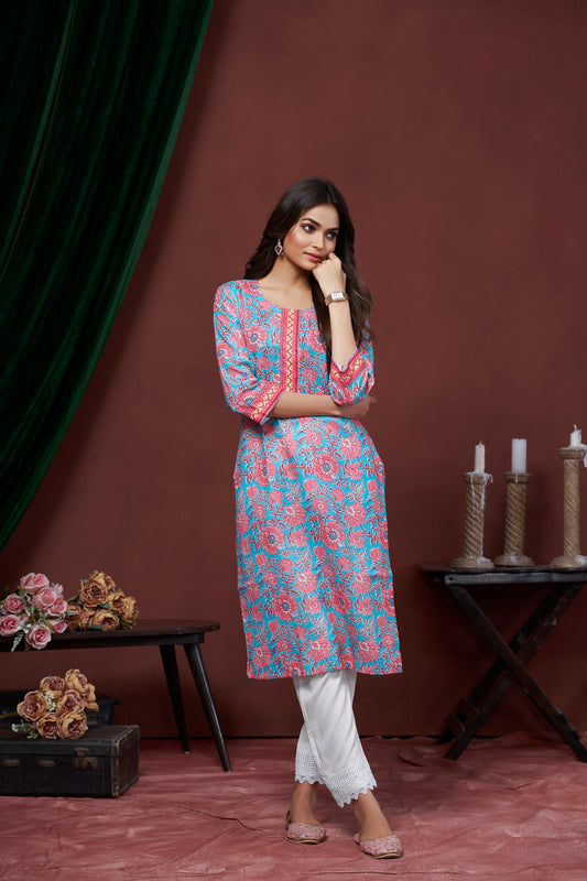 Turquoise Blue Floral Printed U neck Straight Kurti
