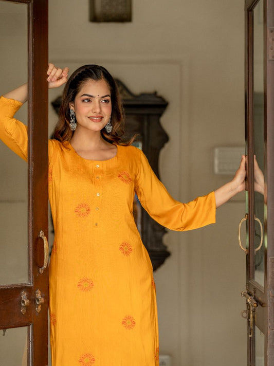 Yellow Viscose Jacquard Kurta with Delicate Pink Floral Accents and Trouser