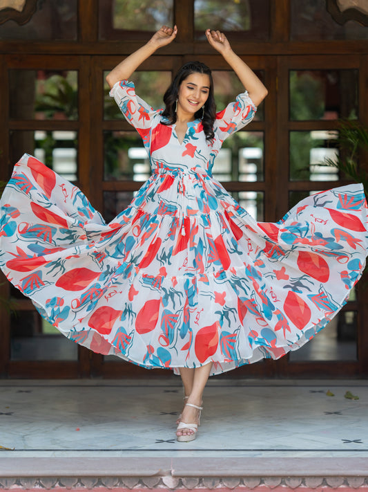 White Ethnic Maxi Dress with Red & Blue Accents and Flared Silhouette