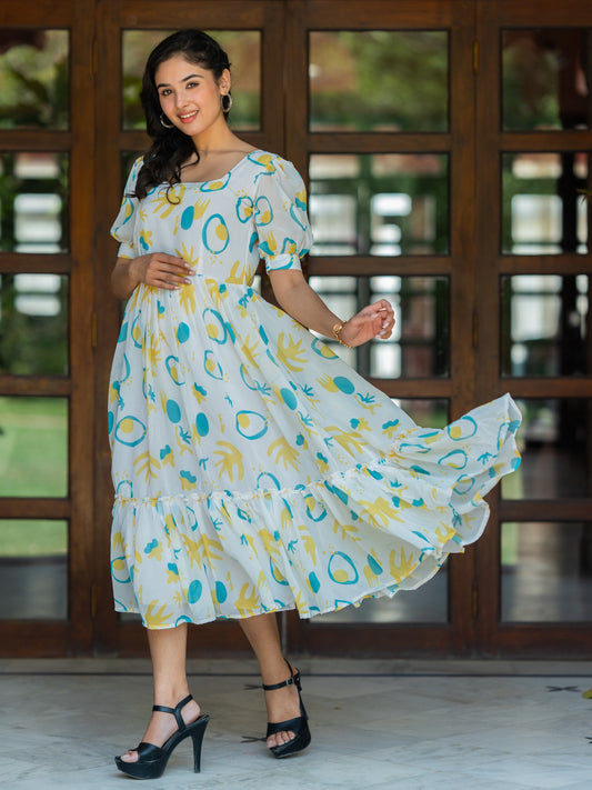 White Maxi Ethnic Dress with Blue & Yellow Abstract Prints and Tie-Up Back
