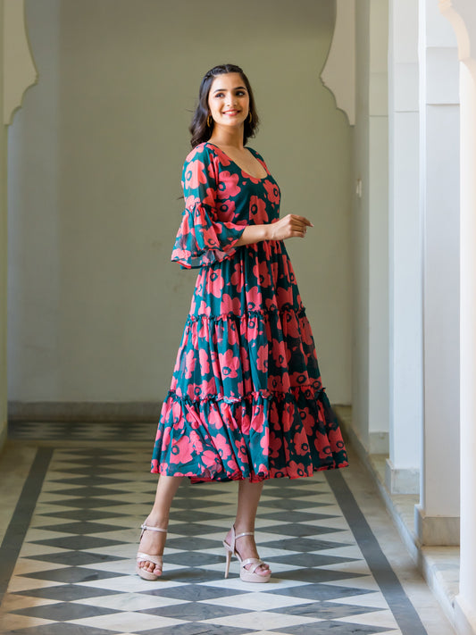 Dark Green Floral Print Maxi Ethnic Dress with Bell Sleeves & Flared Silhouette