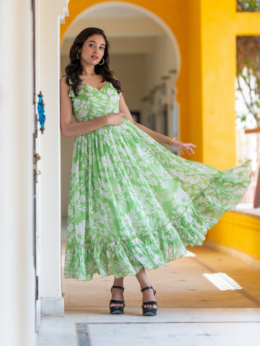 Light Green Floral Maxi Dress with Tie-Up Shoulders & Flared Silhouette