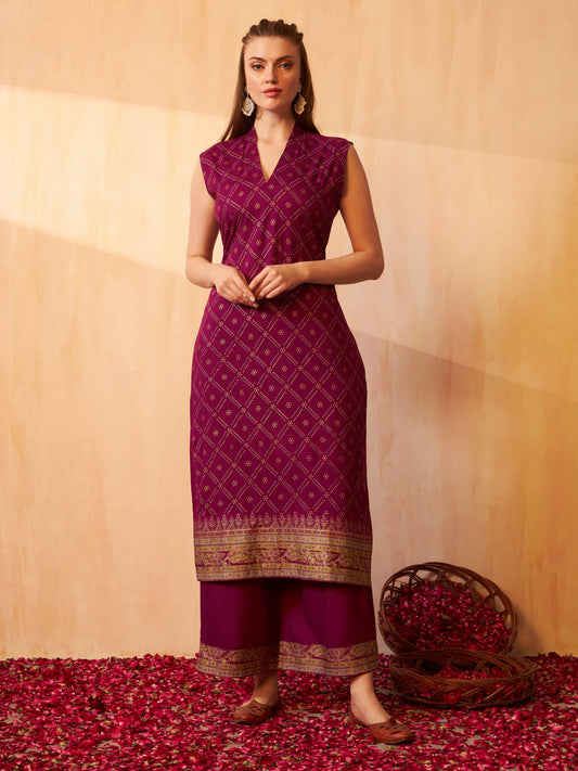 Aspora Women's Bandhani Printed Straight Kurta With Palazzo(KS-BL-OF38-Foily-Wine)