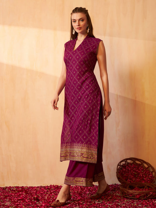 Aspora Women's Bandhani Printed Straight Kurta With Palazzo(KS-BL-OF38-Foily-Wine)