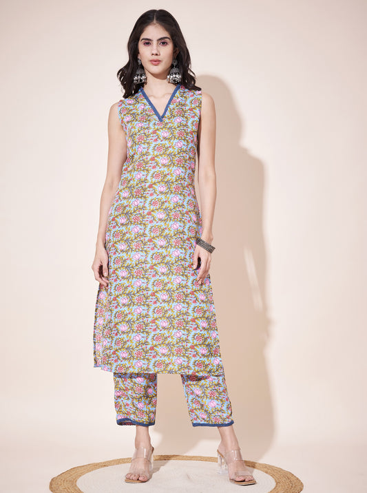 Aspora SkyBlue & Pink Pure Cotton Floral Printed Straight Kurta With Trousers (KS-LF-245-SkyBlue)