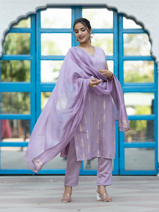 Aspora Lavender Pure Silk Floral Woven Straight Kurta With Trousers & Dupatta (KS-LF-249-Lavender)
