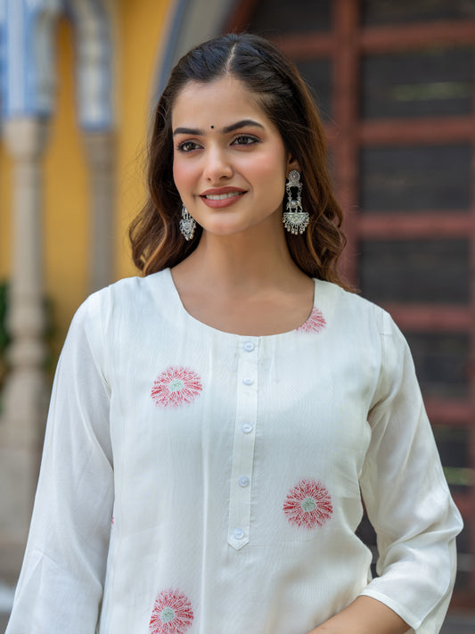 White Viscose Jacquard Kurta with Delicate Pink Floral Accents and Trouser
